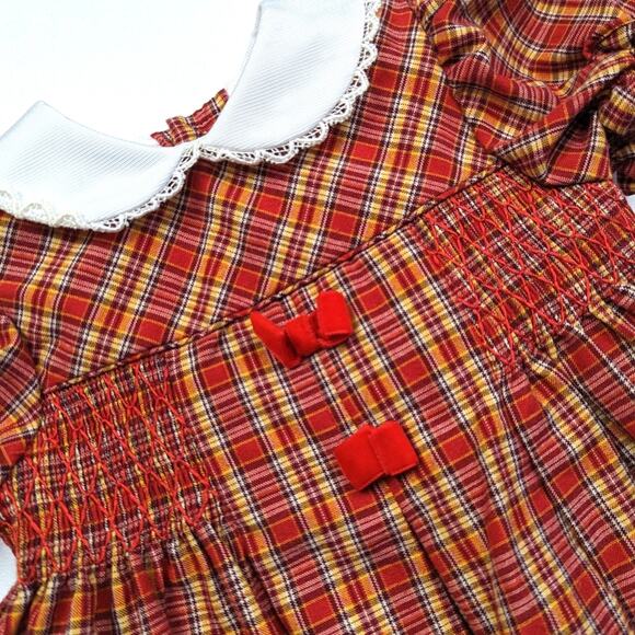 Vintage A Little Angel Dress Girls Size 18m Red Plaid Smocked Peter Pan Collar - Picture 2 of 6
